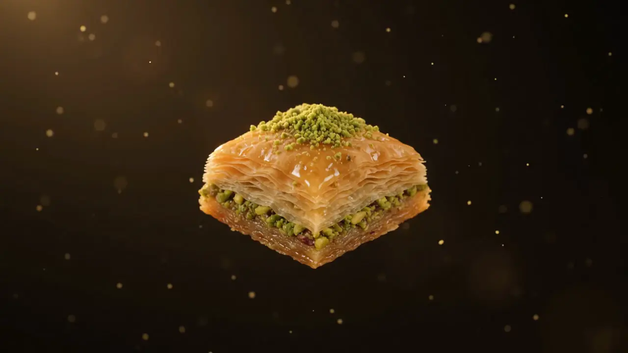 O bucată de baklava cu fistic verde, foi aurii și sirop lucios