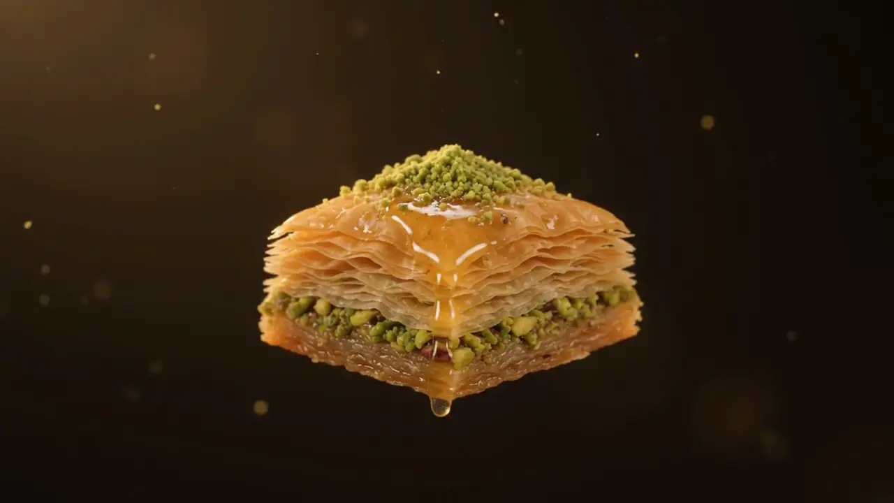 Baklava cu fistic Antep, însiropată, cu foi aurii